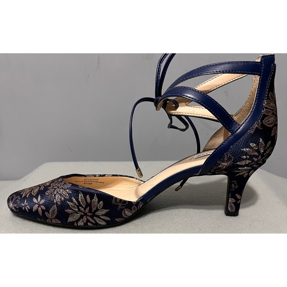 Alex Marie Newburne Navy Blue Gold Floral Jacquard Ankle Tie Kitten Heels 9.5M - Picture 6 of 11